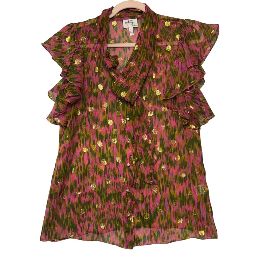 Milly of New York Silk Tie Neck Ruffle Blouse Pink Green Gold Metallic Luxe  2 - Picture 2 of 10